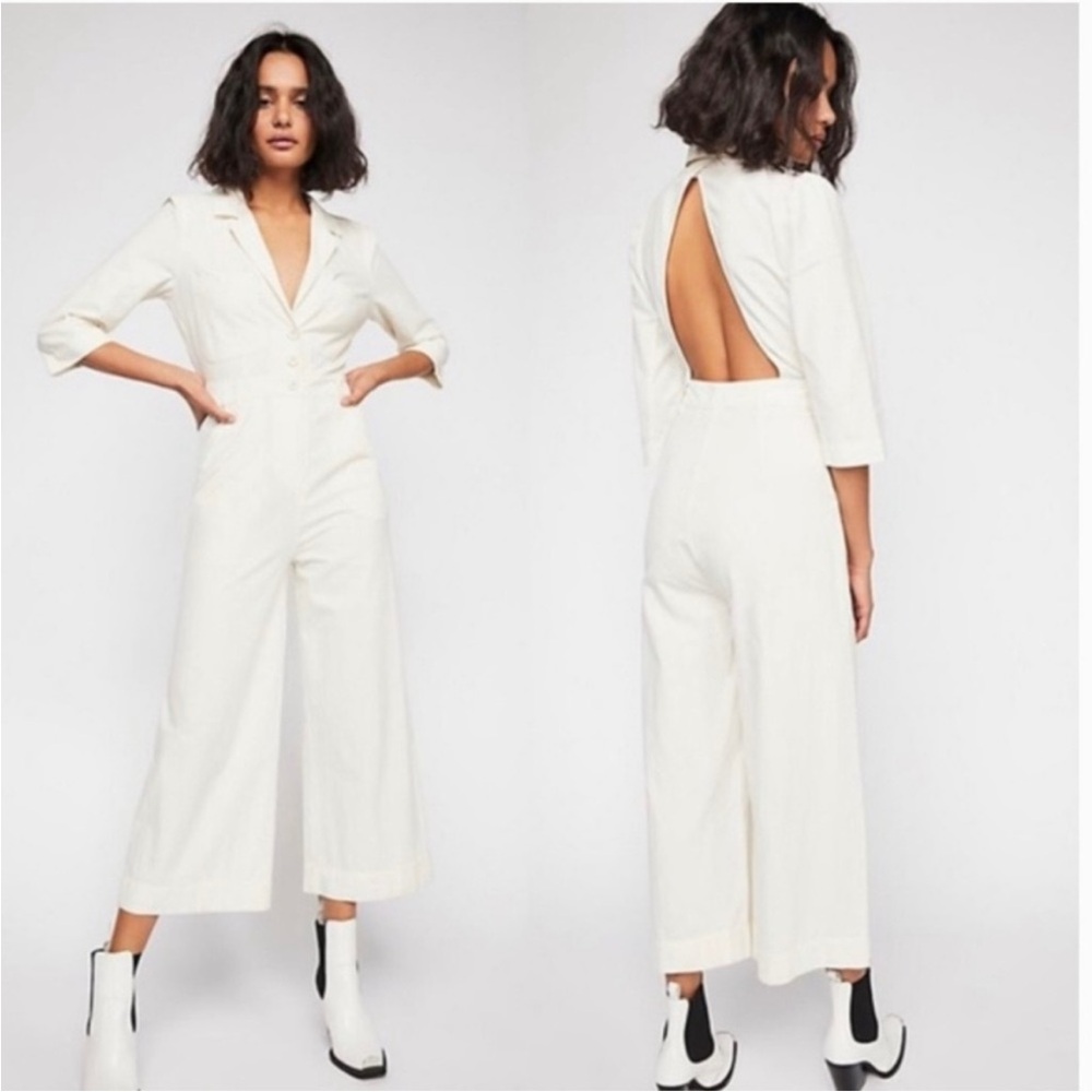 Free People Cream Wide-Leg Jumpsuit with Open Back